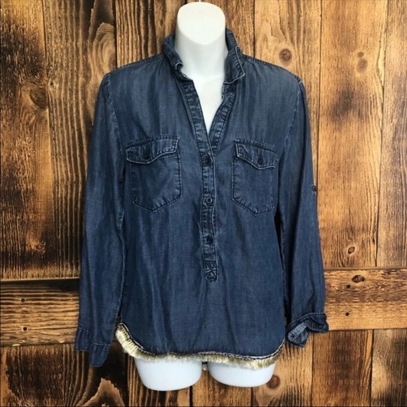 Anthropologie Tops - Cloth & Stone Chambray Gold Fringe Button Down Blouse Size Small